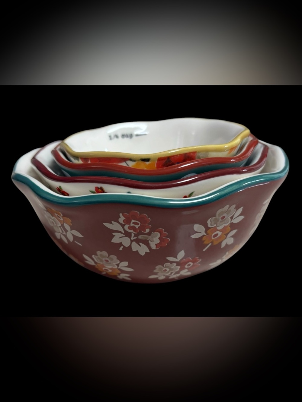 Set of Pioneer Woman floral nesting bowls. 4 piece - 1 cup, 1/2 c, 1/3 c, 1/4 c.